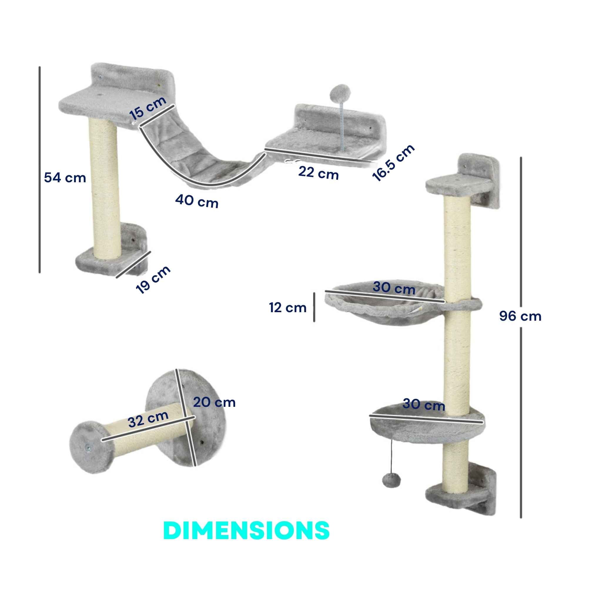 Dimensions for 4pcs wall mounted cat tree with ladder and hammock