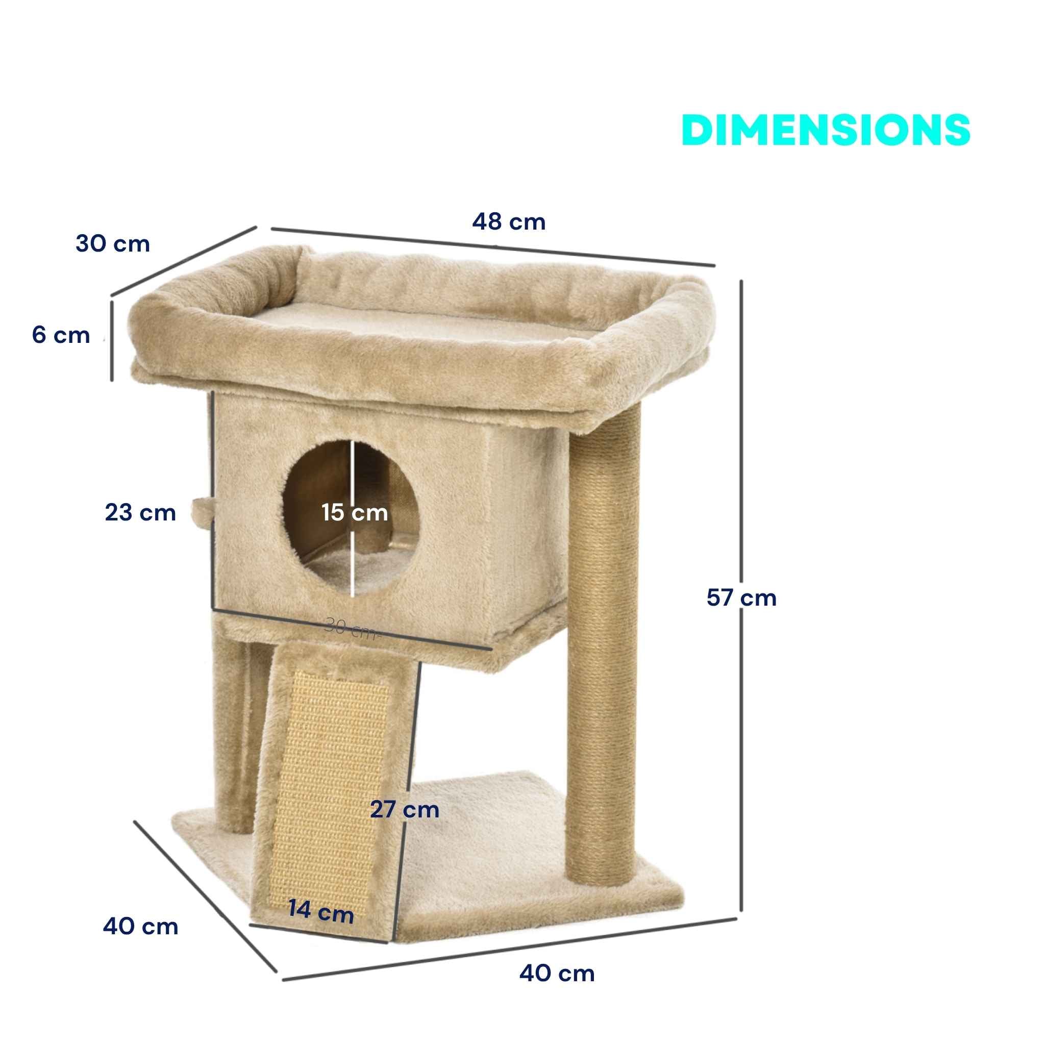 Dimensions for 57cm tall beige cat tree with jute rope