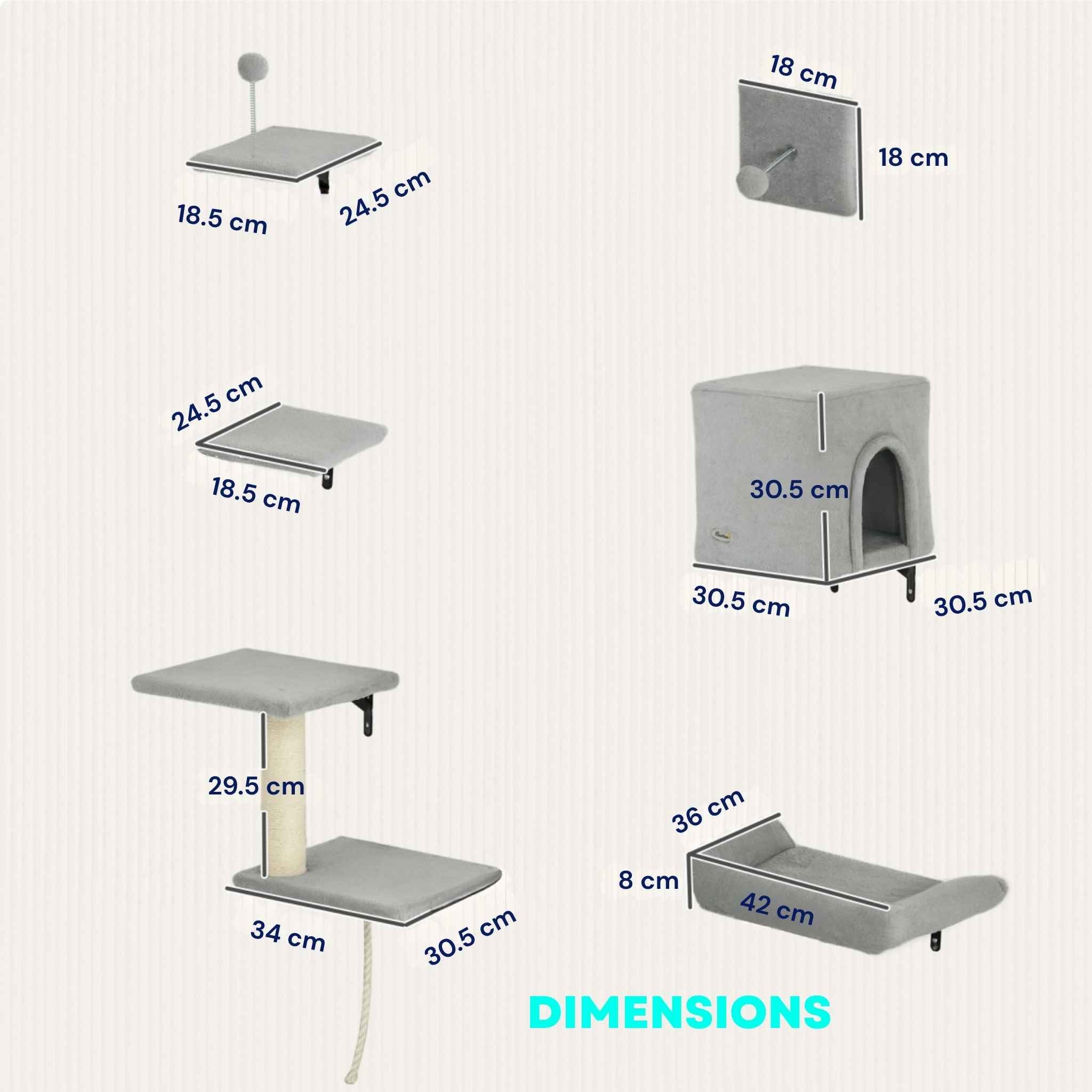 Dimensions for 6pcs grey wall mounted cat tree