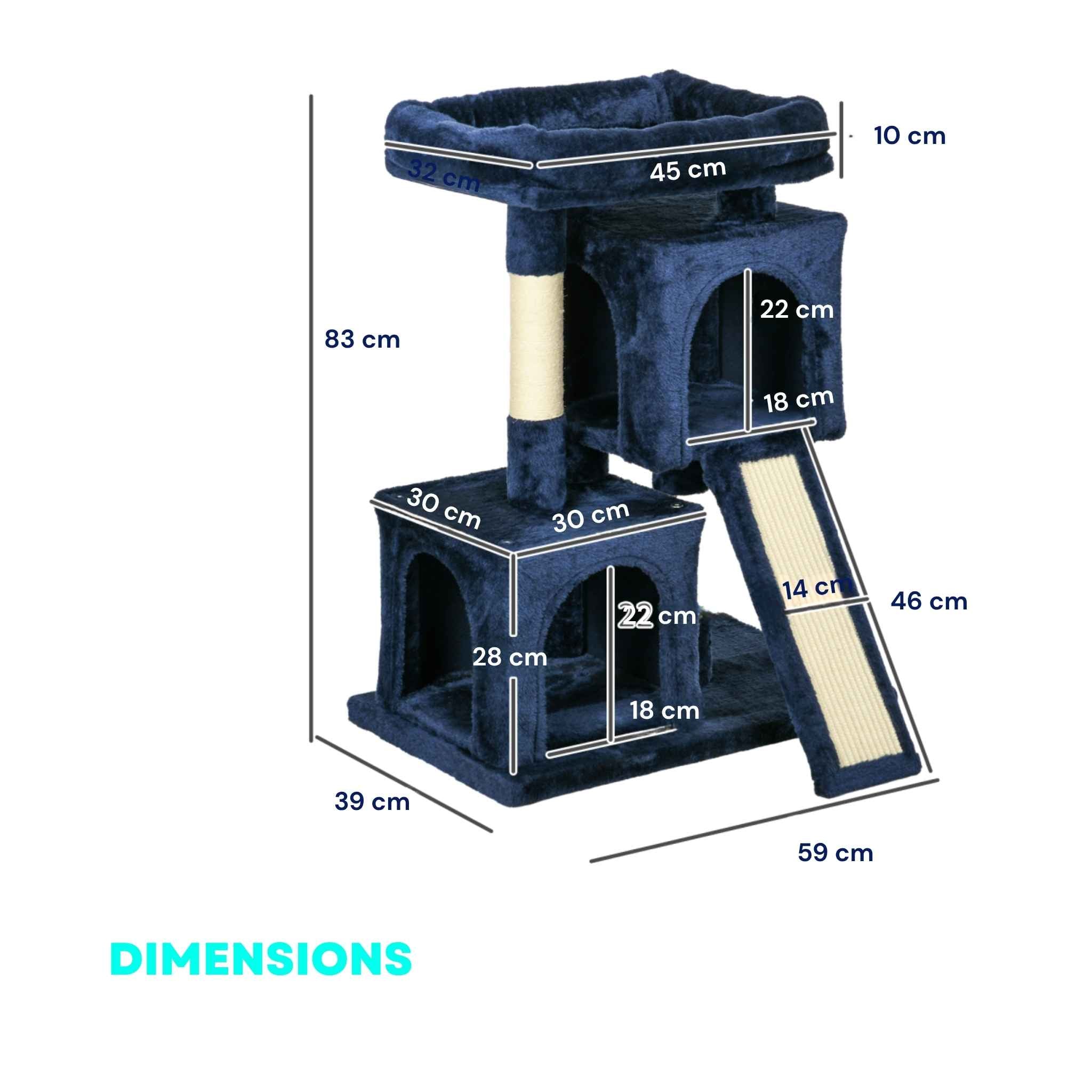 Dimensions for 83cm tall cat tree blue plush fabric