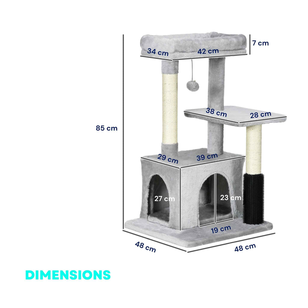 Dimensions for 85cm tall grey cat tree with cat house
