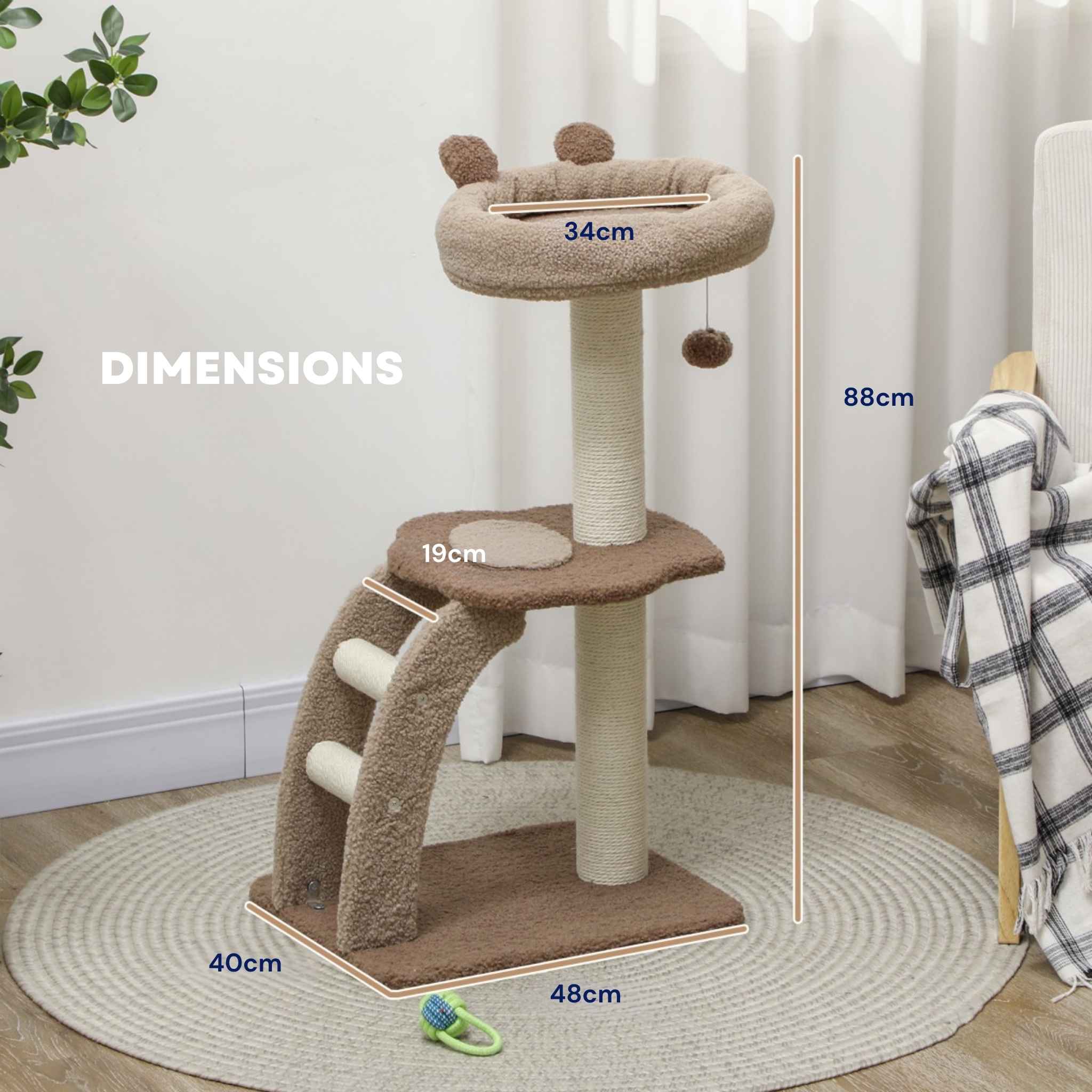 Dimensions for 88cm tall brown cat tree