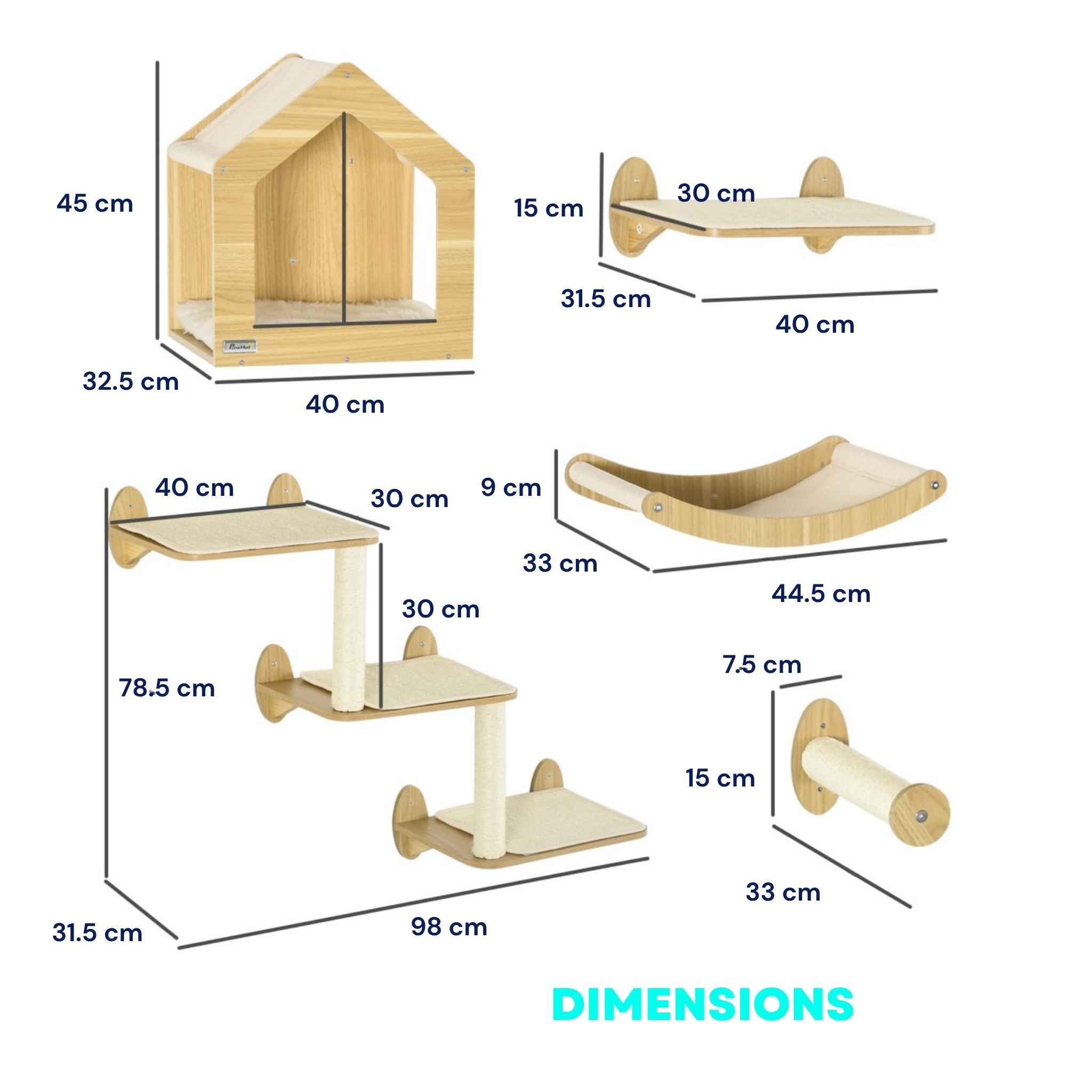 Dimensions for 8pcs wood effect wall mounted cat tree