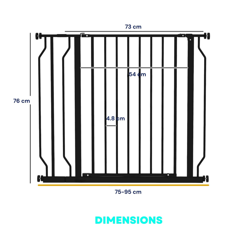 Dimensions for adjustable black pet gate 75-95cm x 76cm