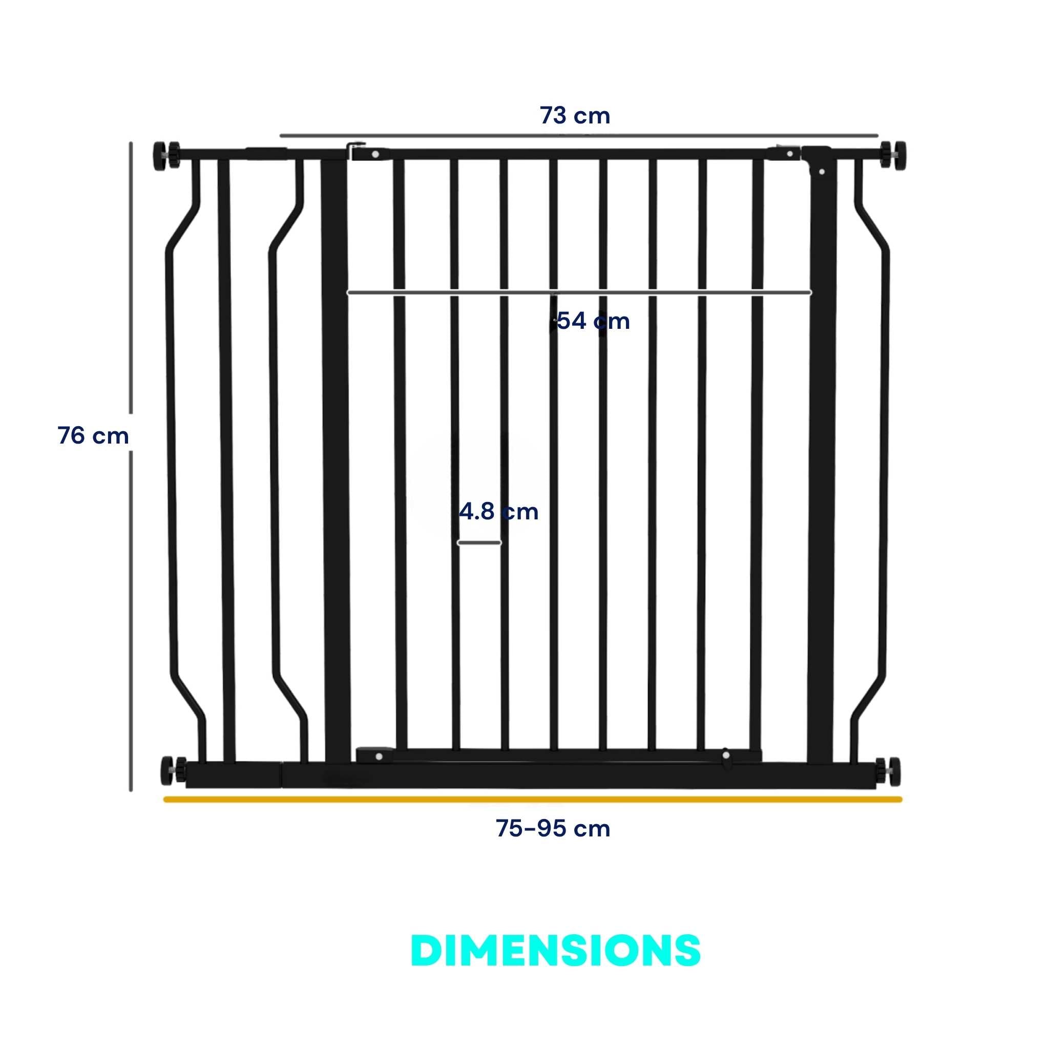 Dimensions for adjustable black pet gate 75-95cm x 76cm