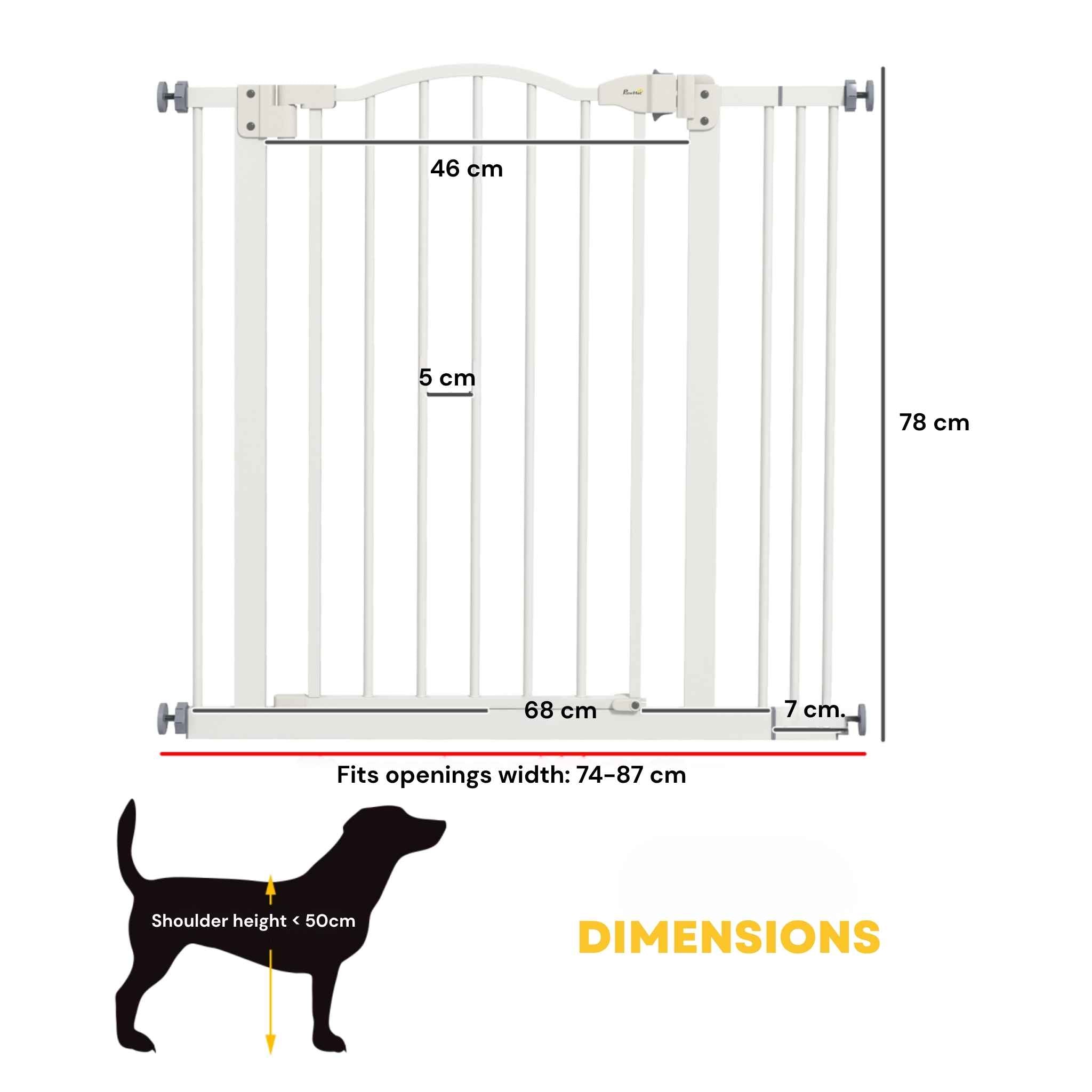 Dimensions for adjustable white 74–87cm x 78cm pet gate