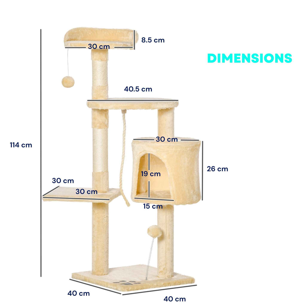Dimensions for beige cat tree 114cm tall with sisal rope