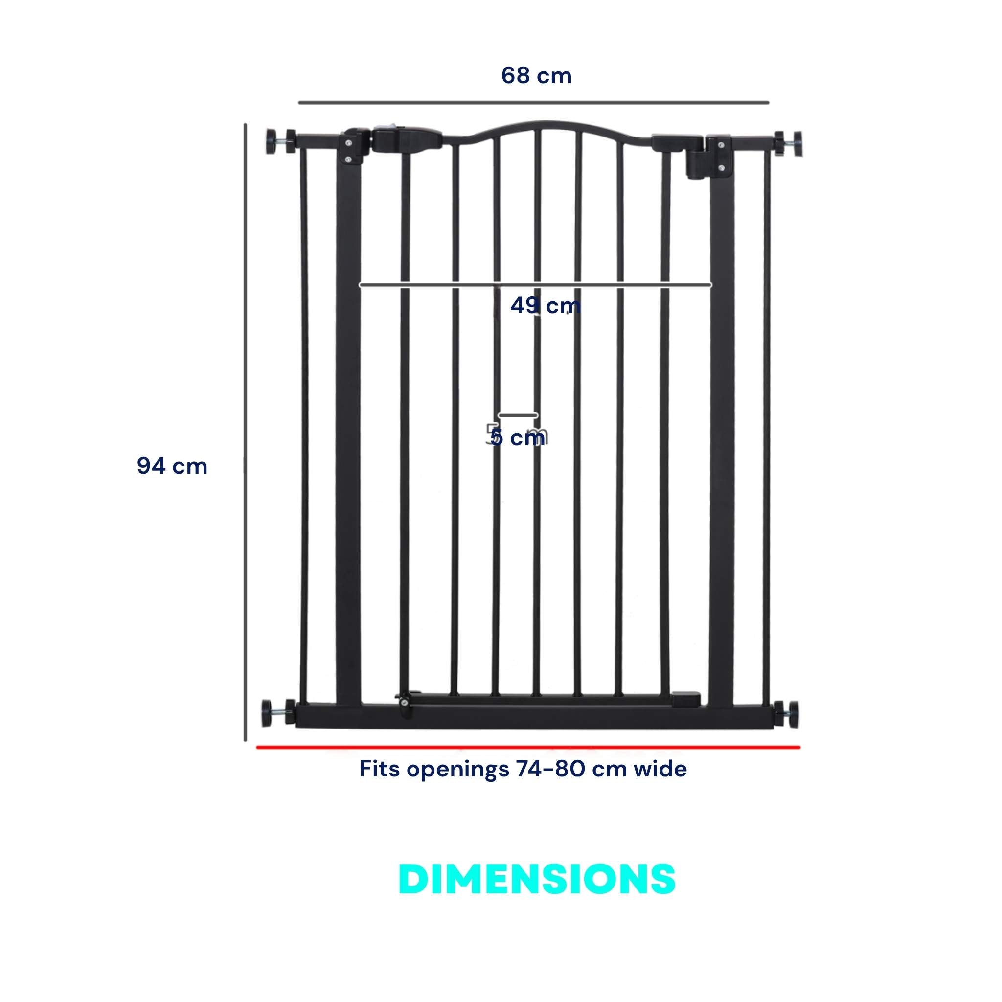 Dimensions for black adjustable width pet gate 74-80cm wide