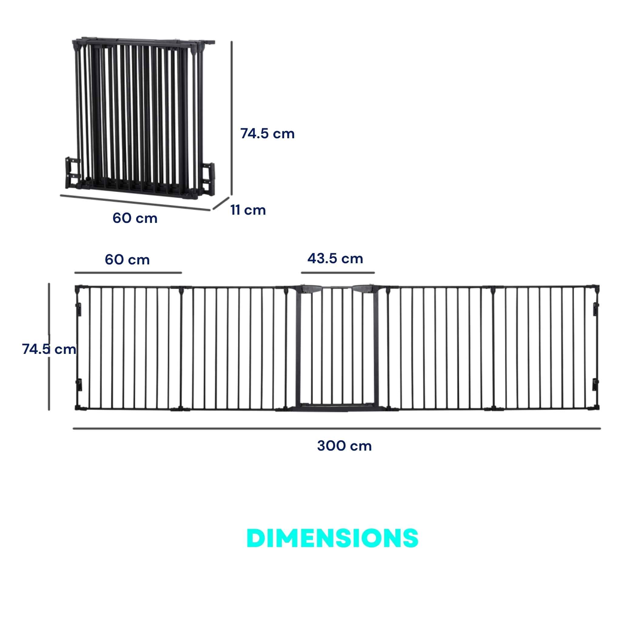 Dimensions for back dog pen and pet gate 300cm x 74cm