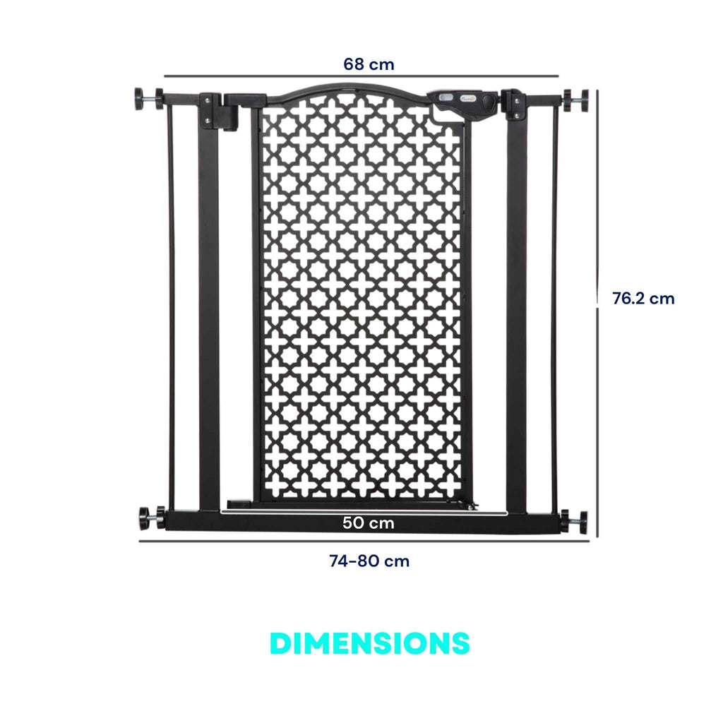 Dimensions for black narrow pet gate with decorative centre panel