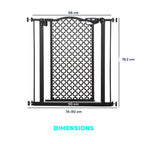 Dimensions for black narrow pet gate with decorative centre panel