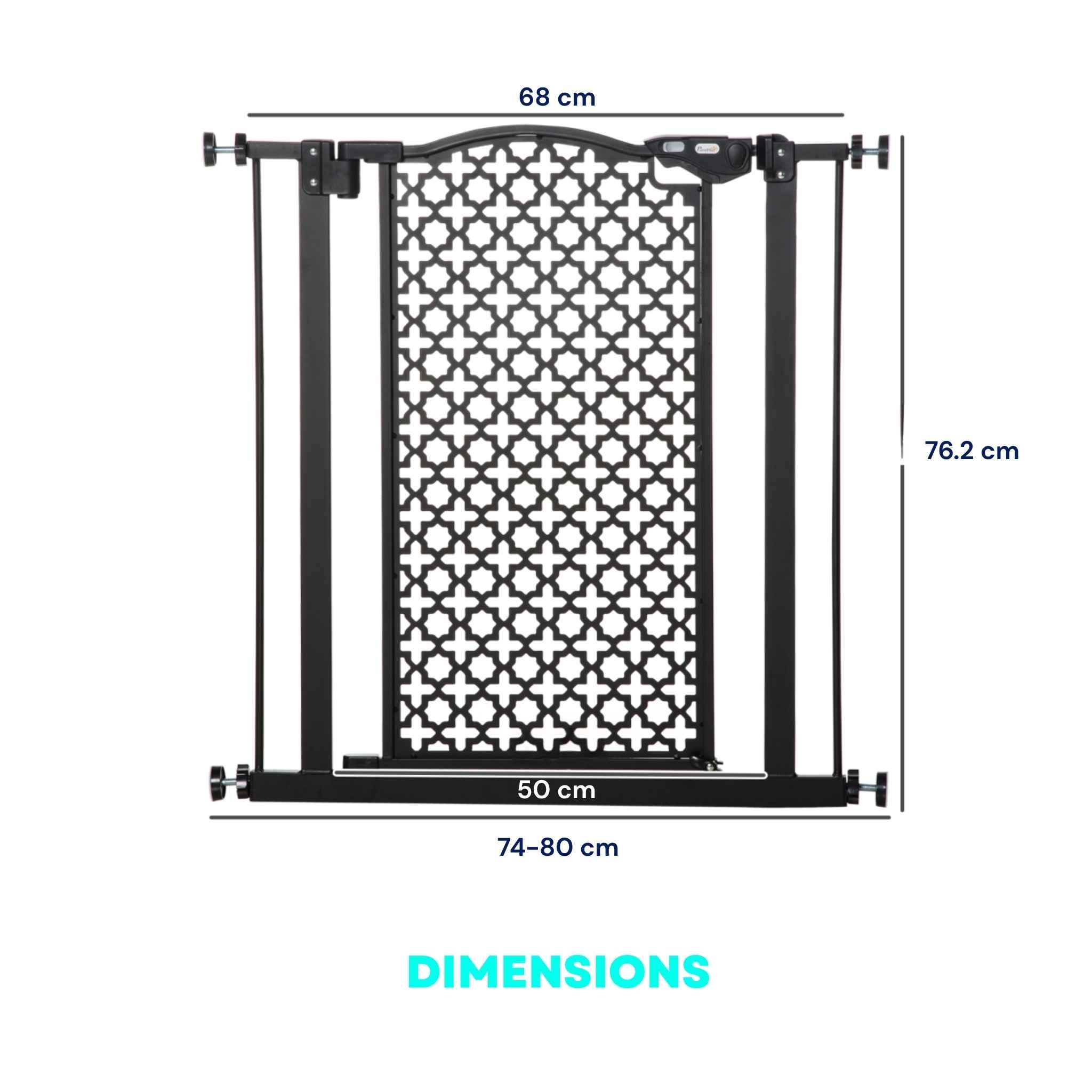 Dimensions for black narrow pet gate with decorative centre panel