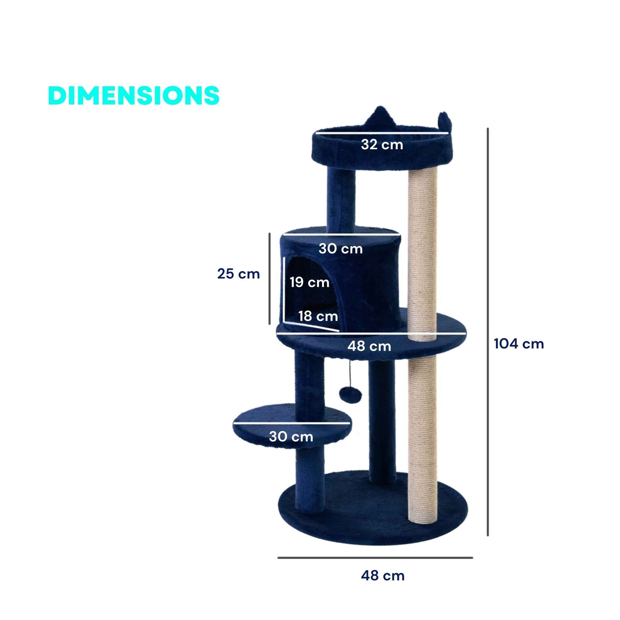 Dimensions for blue cat tree with sisal rope scratching posts