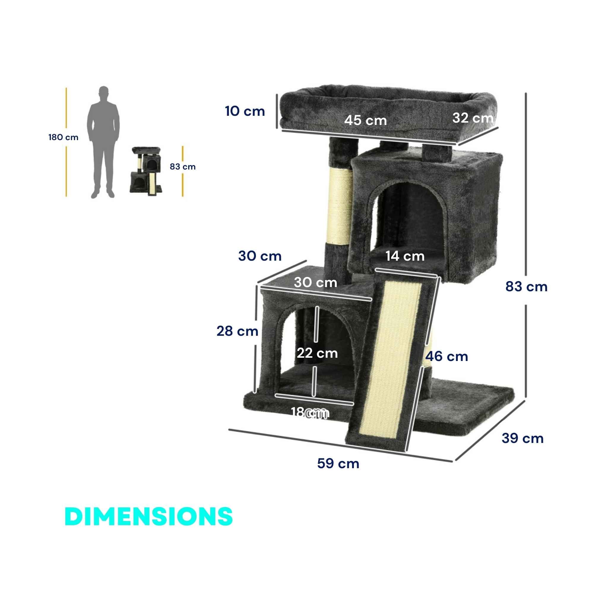Dimensions for cat tree scratching post 83cm tall black fabric