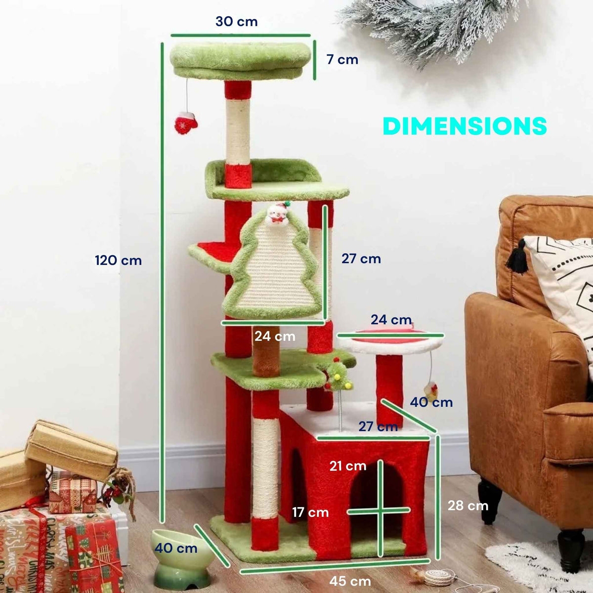 Dimensions for Christmas cat tree 120cm tall with sisal rope