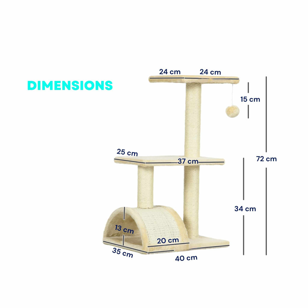 Dimensions for cream fabric cat tree 72cm tall with sisal rope