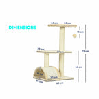 Dimensions for cream fabric cat tree 72cm tall with sisal rope