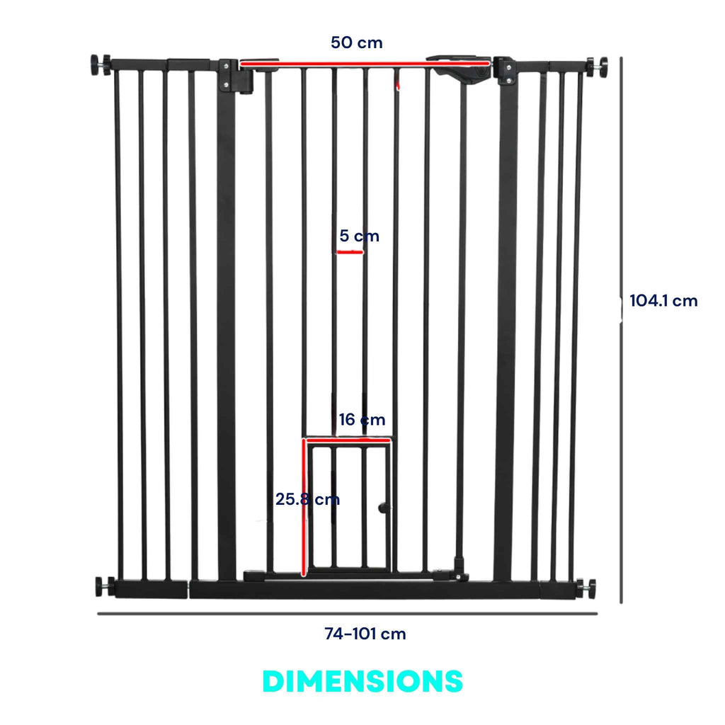 Dimensions for extra tall and wide black metal pet gate