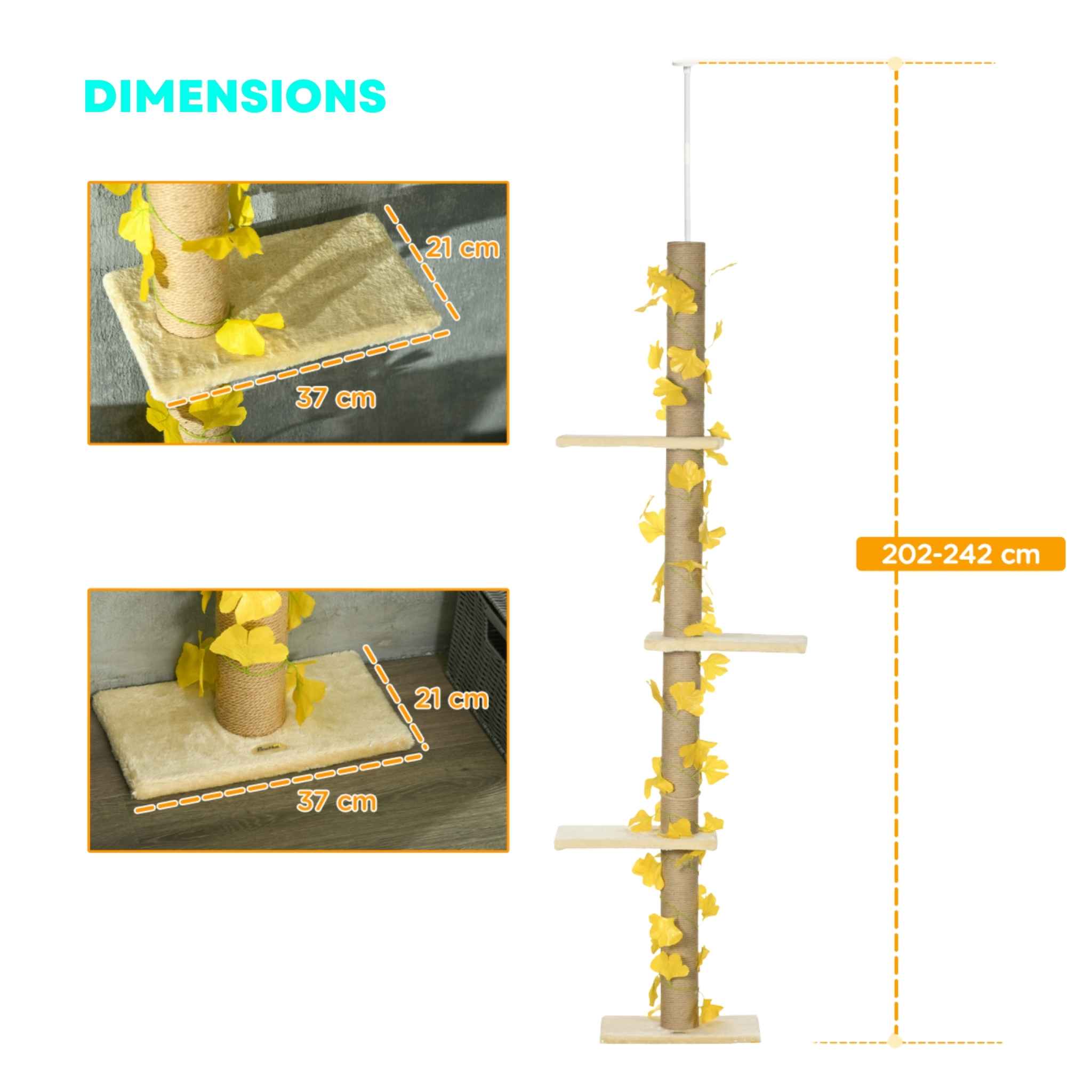 Dimensions for floor-to-ceiling cat tree with artificial yellow leaves