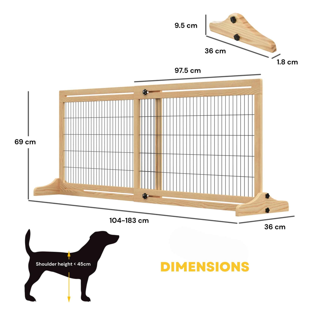 Dimensions for freestanding 104–183cm x 69cm wooden dog gate
