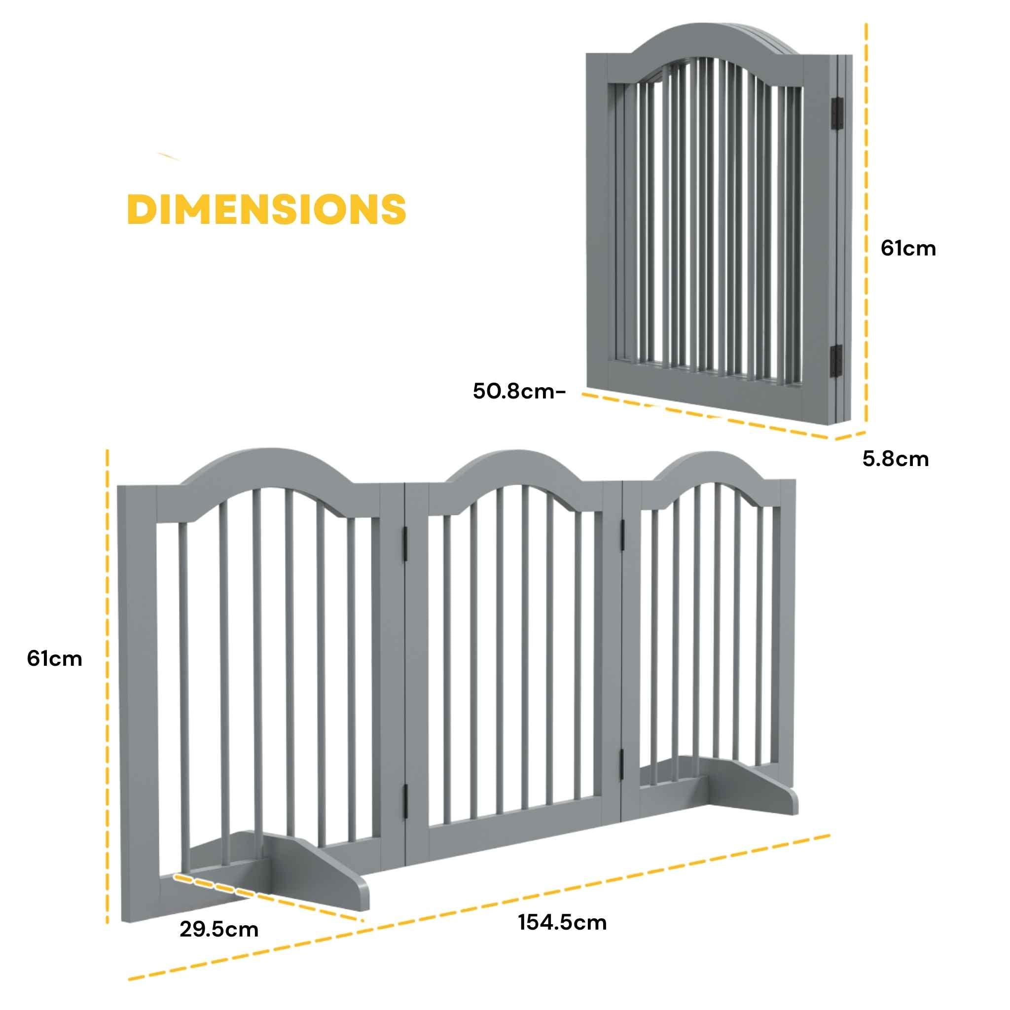 Dimensions for freestanding 154cm x 61cm grey pet gate