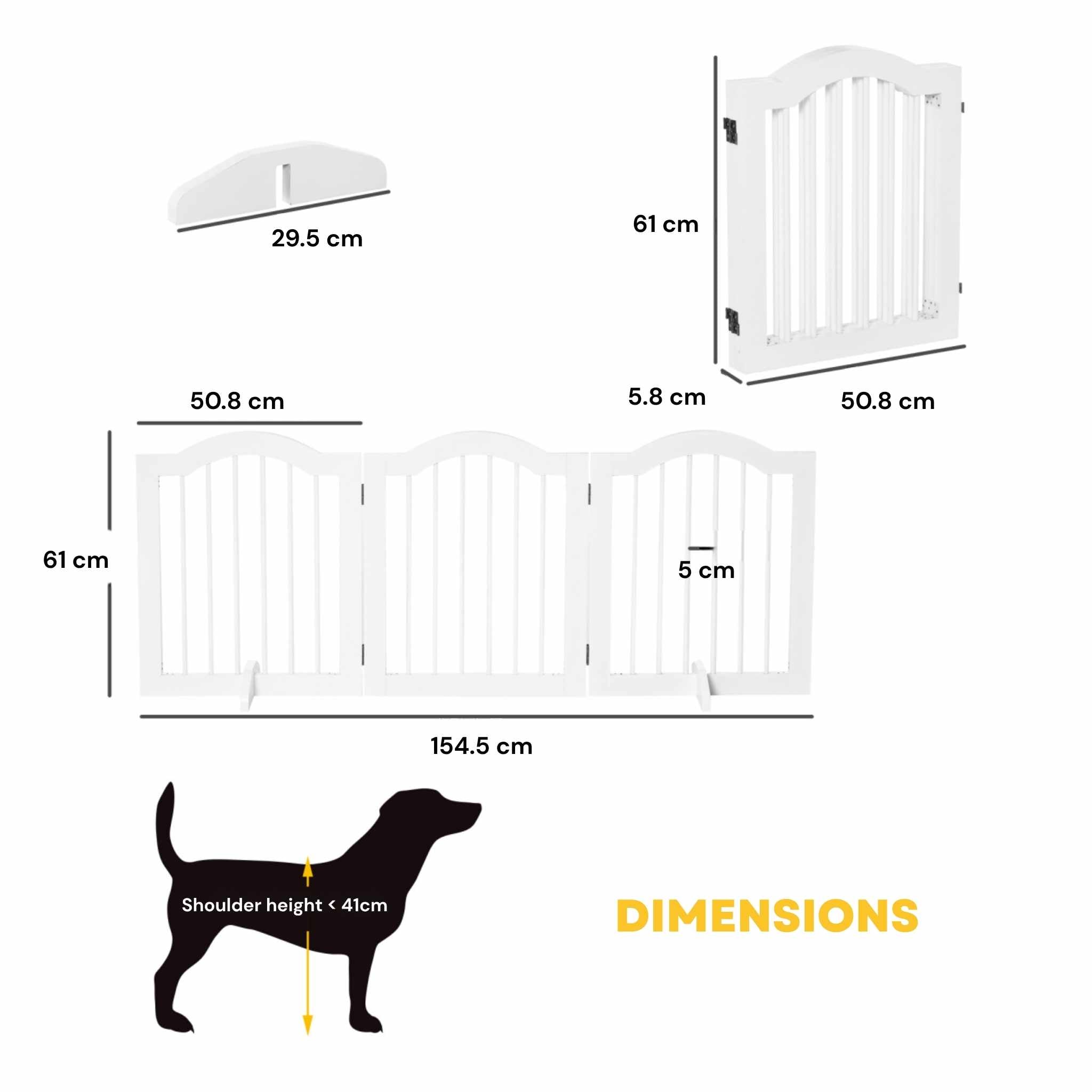 Dimensions for freestanding 154cm x 61cm white pet gate