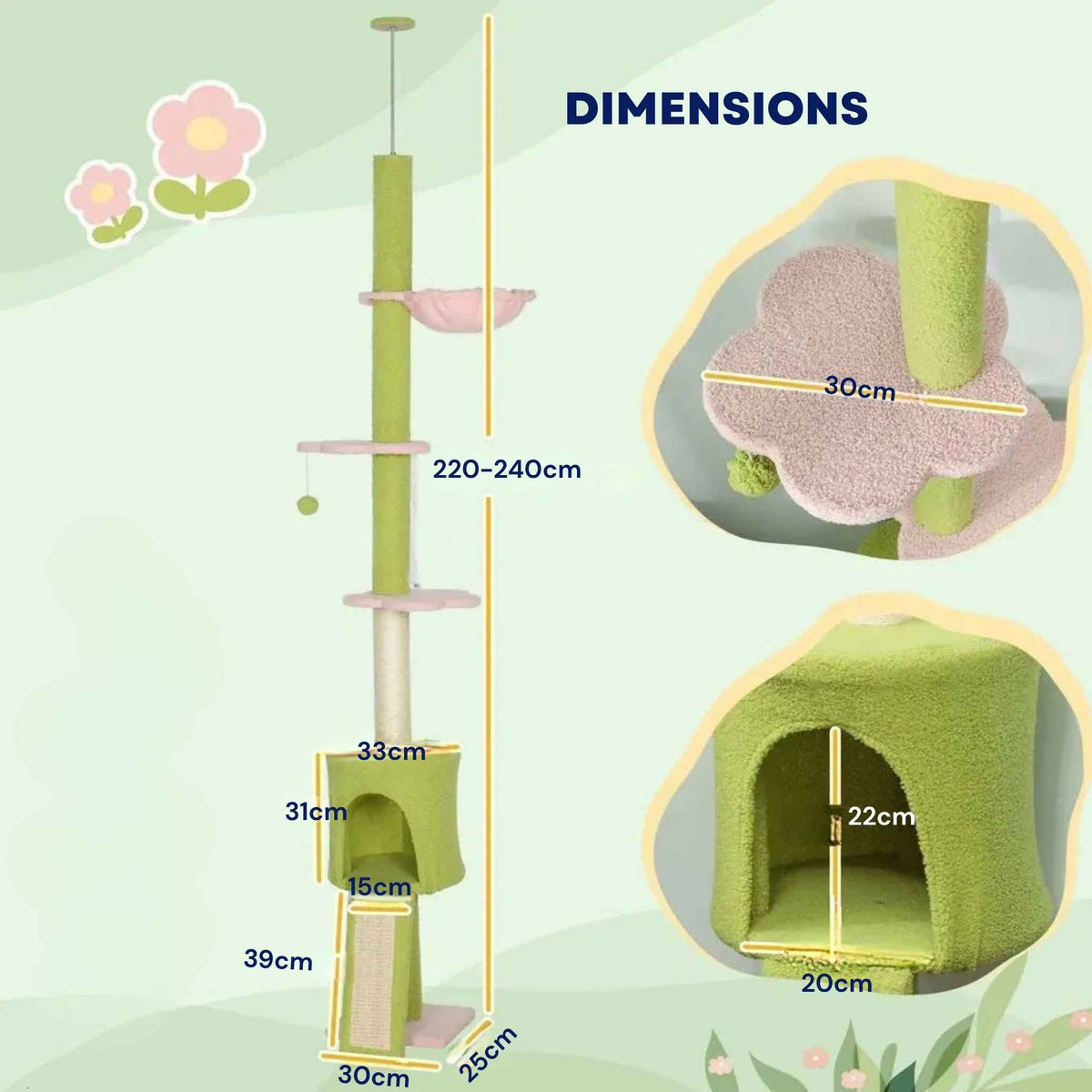 Dimensions for green and pink floor to ceiling cat tree