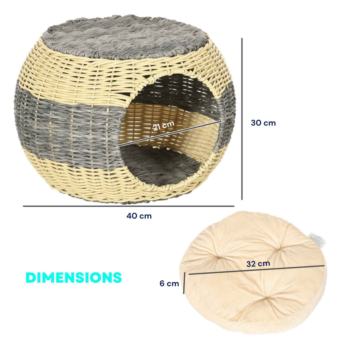 Dimensions for grey & beige enclosed wicker cat bed