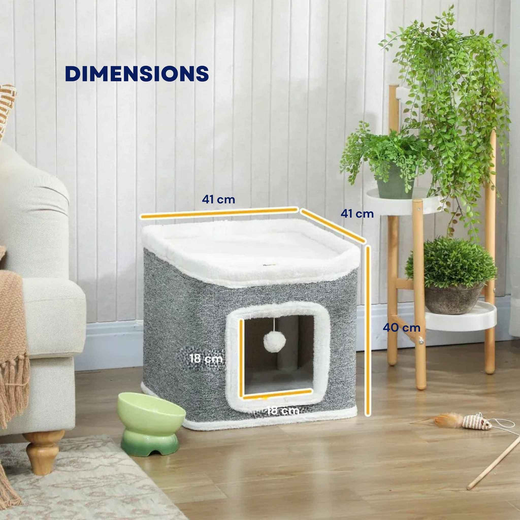 Dimensions for grey cat bed cave with dangling toy