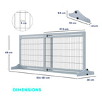 Dimensions for grey freestanding pet gate 104cm-183cm adjustable width