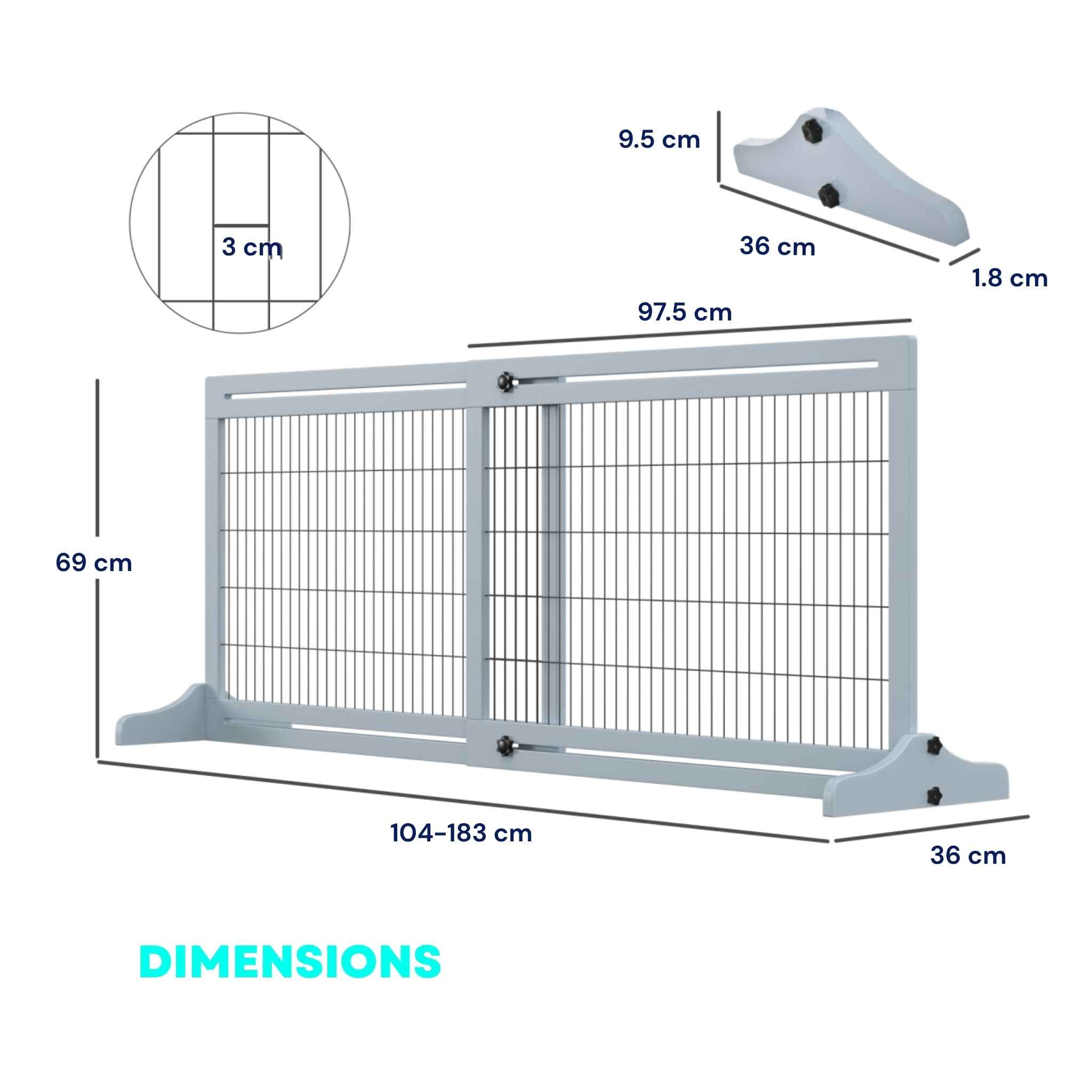 Dimensions for grey freestanding pet gate 104cm-183cm adjustable width