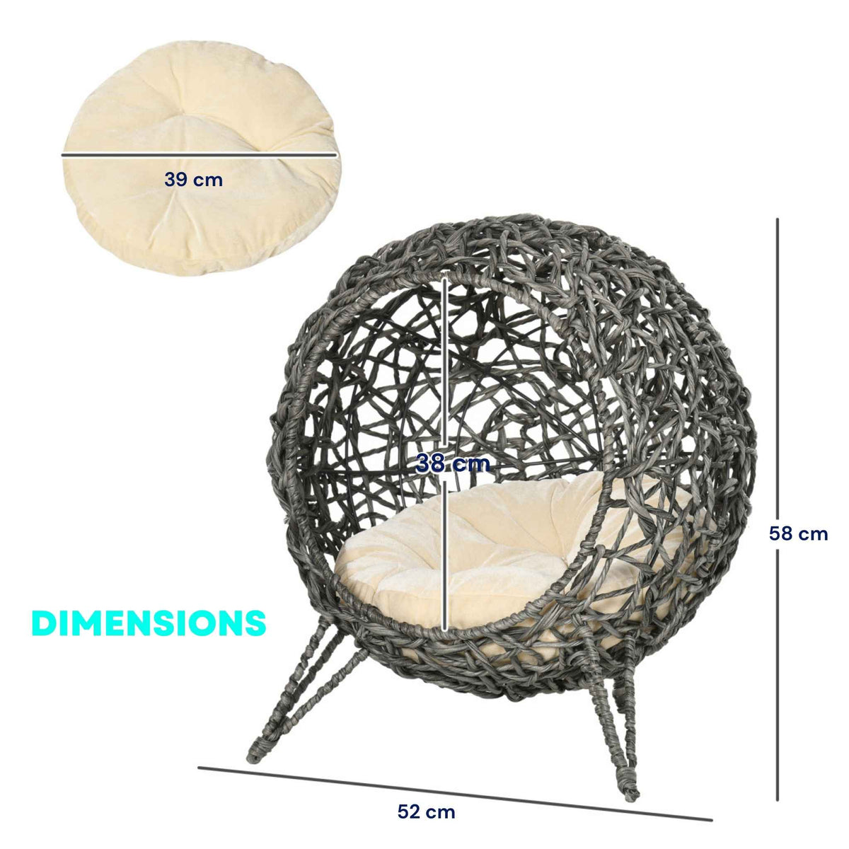 Dimensions for grey raised wicker cat bed