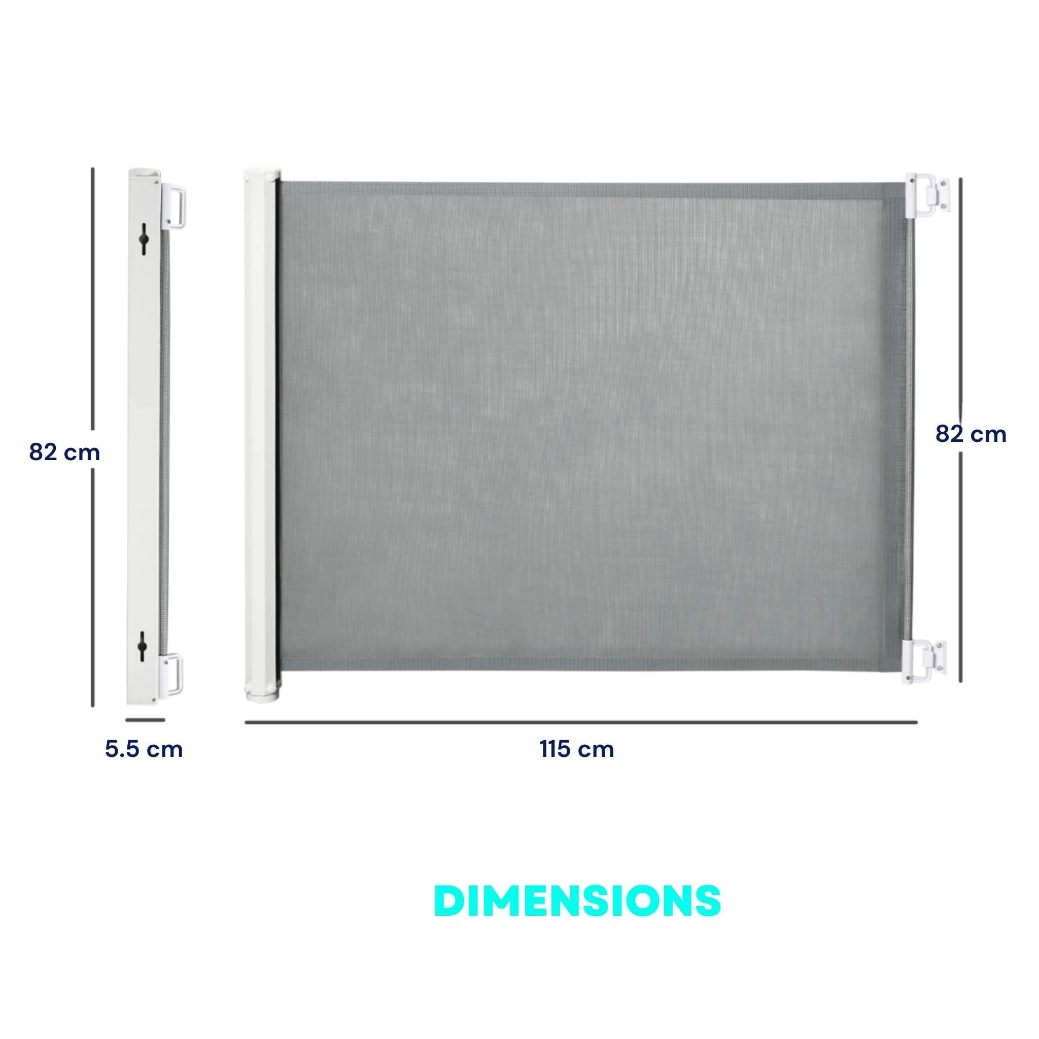 Dimensions for grey retractable mesh dog barrier