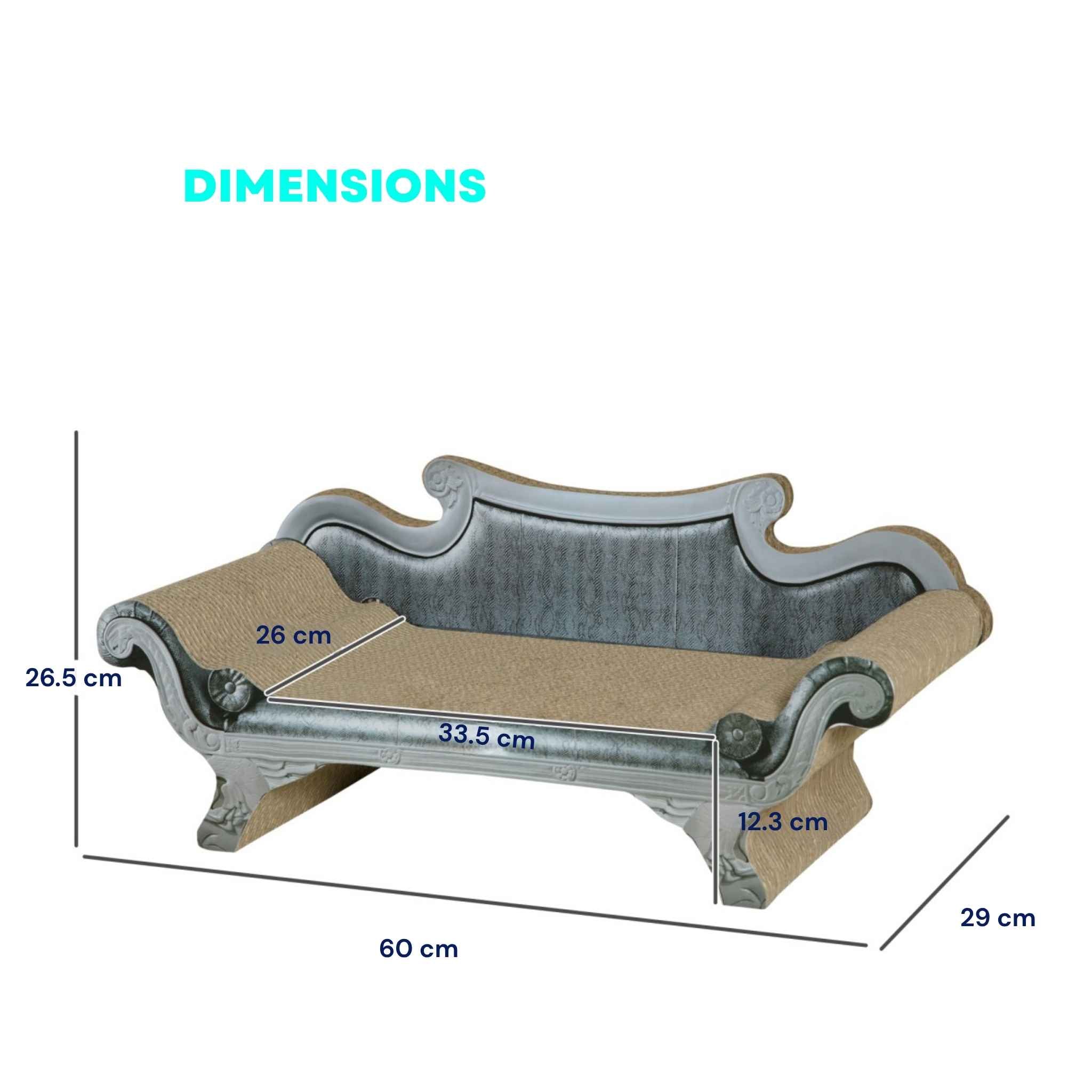 Dimensions for grey sofa shaped cardboard scratcher