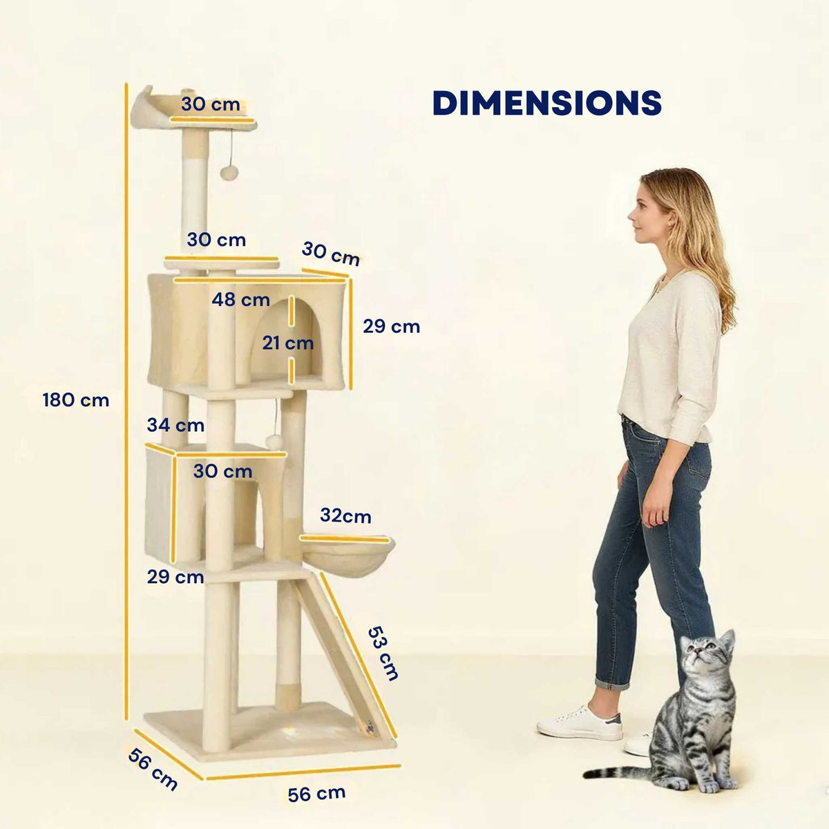 Dimensions for large beige cat tree 180cm tall