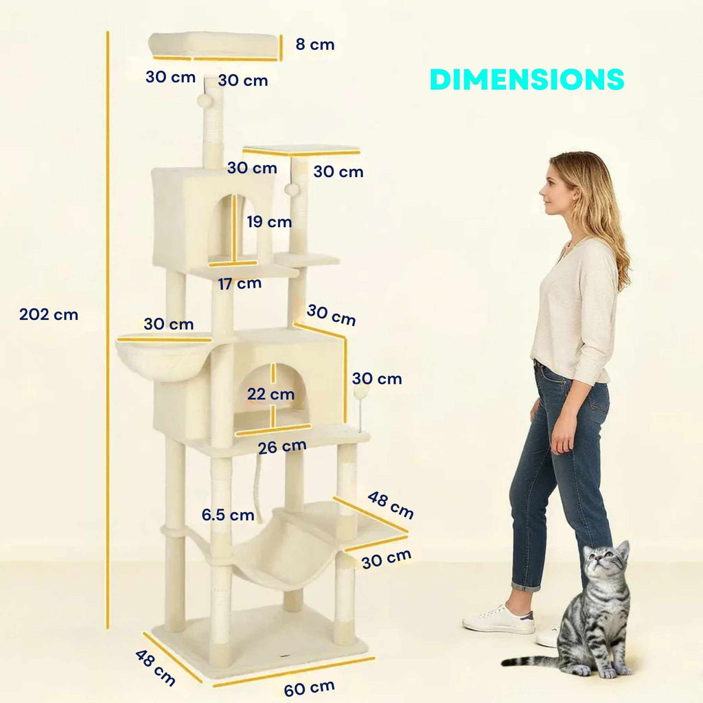 Dimensions for large beige fabric cat tree with sisal rope