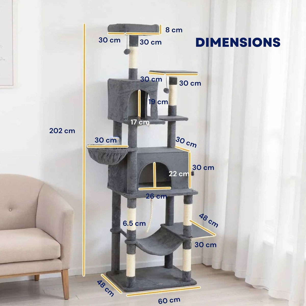 Dimensions for large cat tree dark grey fabric and sisal rope