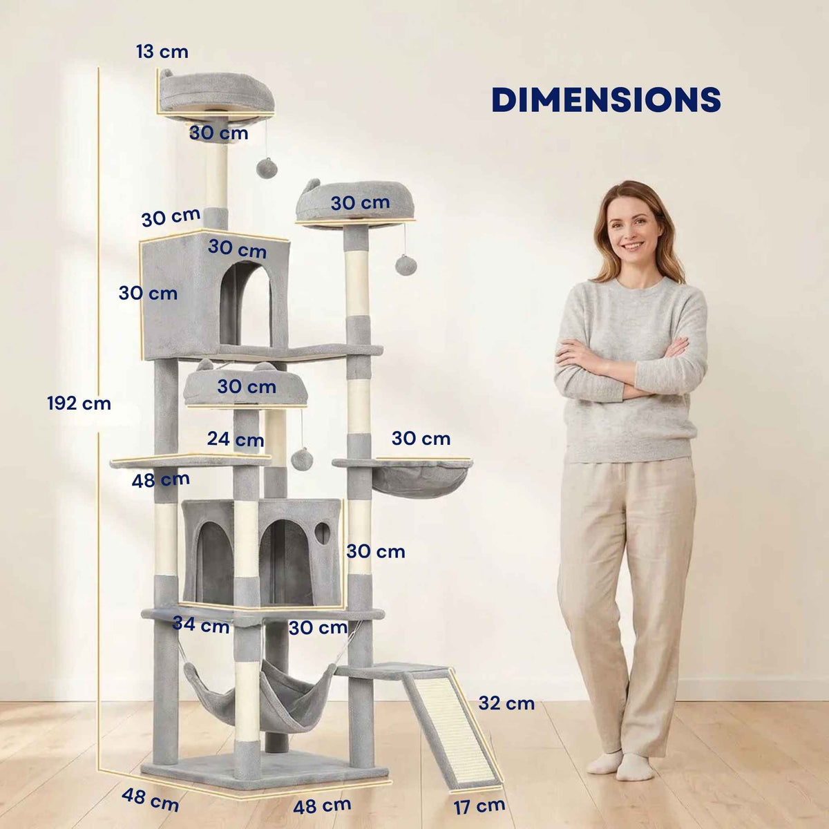 Dimensions for large light grey cat tree with sisal rope