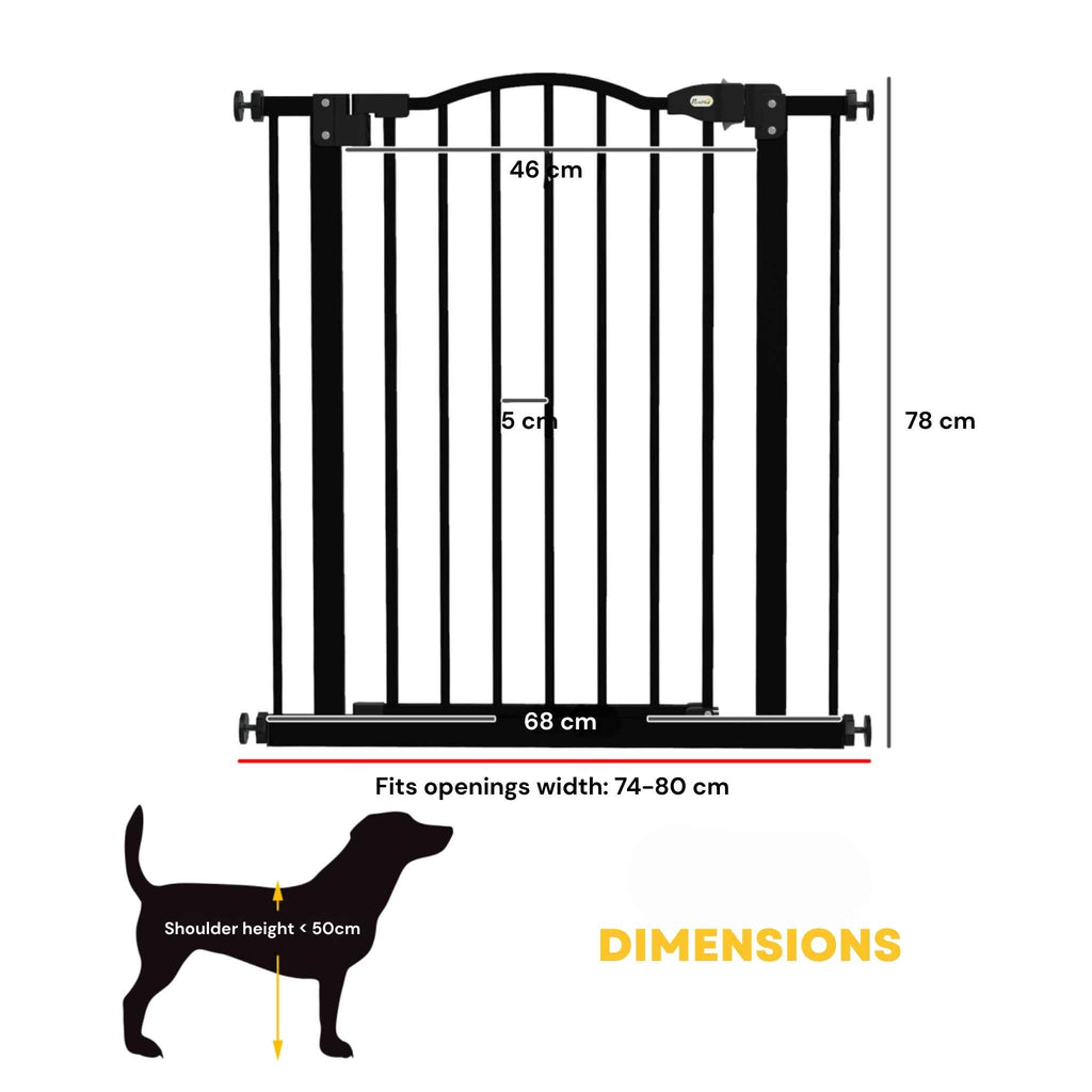 Dimensions for narrow 74–80cm x 78cm black pet gate