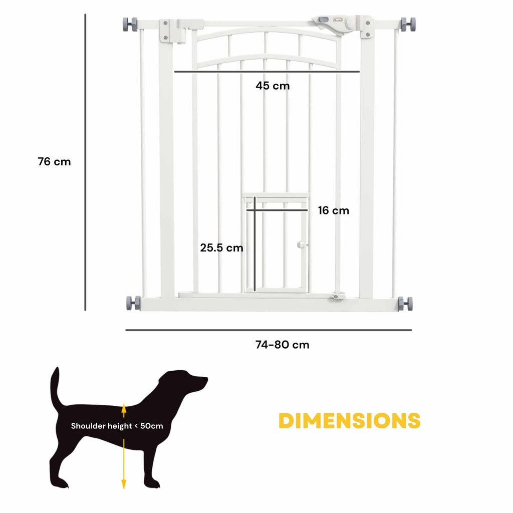 Dimensions for narrow white 74–80cm x 76cm pet gate with cat gate