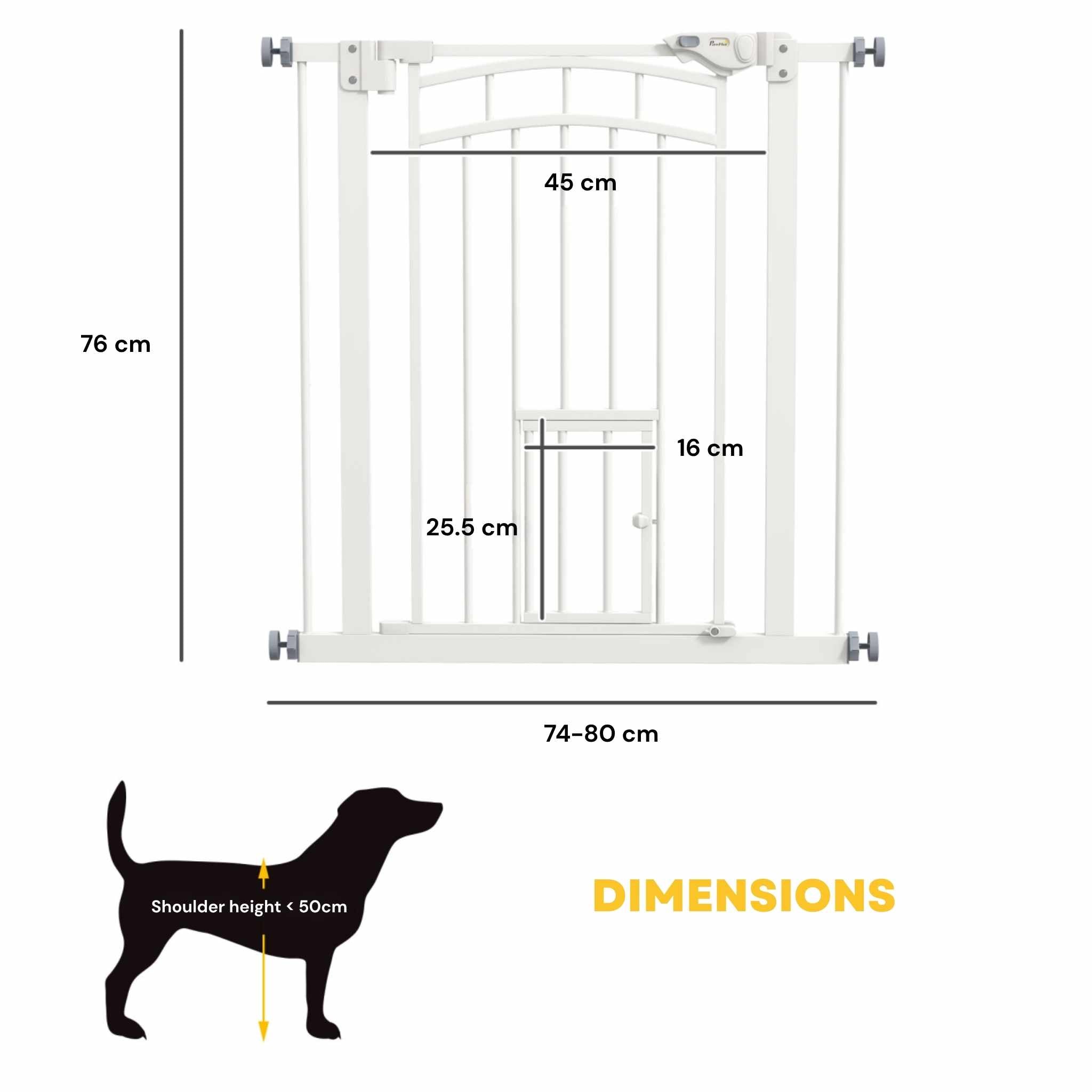 Dimensions for narrow white 74–80cm x 76cm pet gate with cat gate