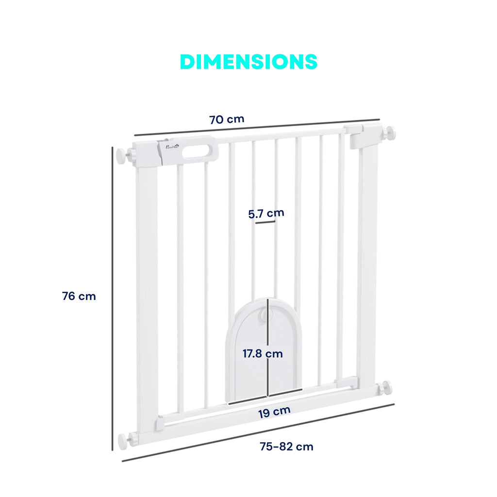 Dimensions for narrow white metal pet gate with cat door