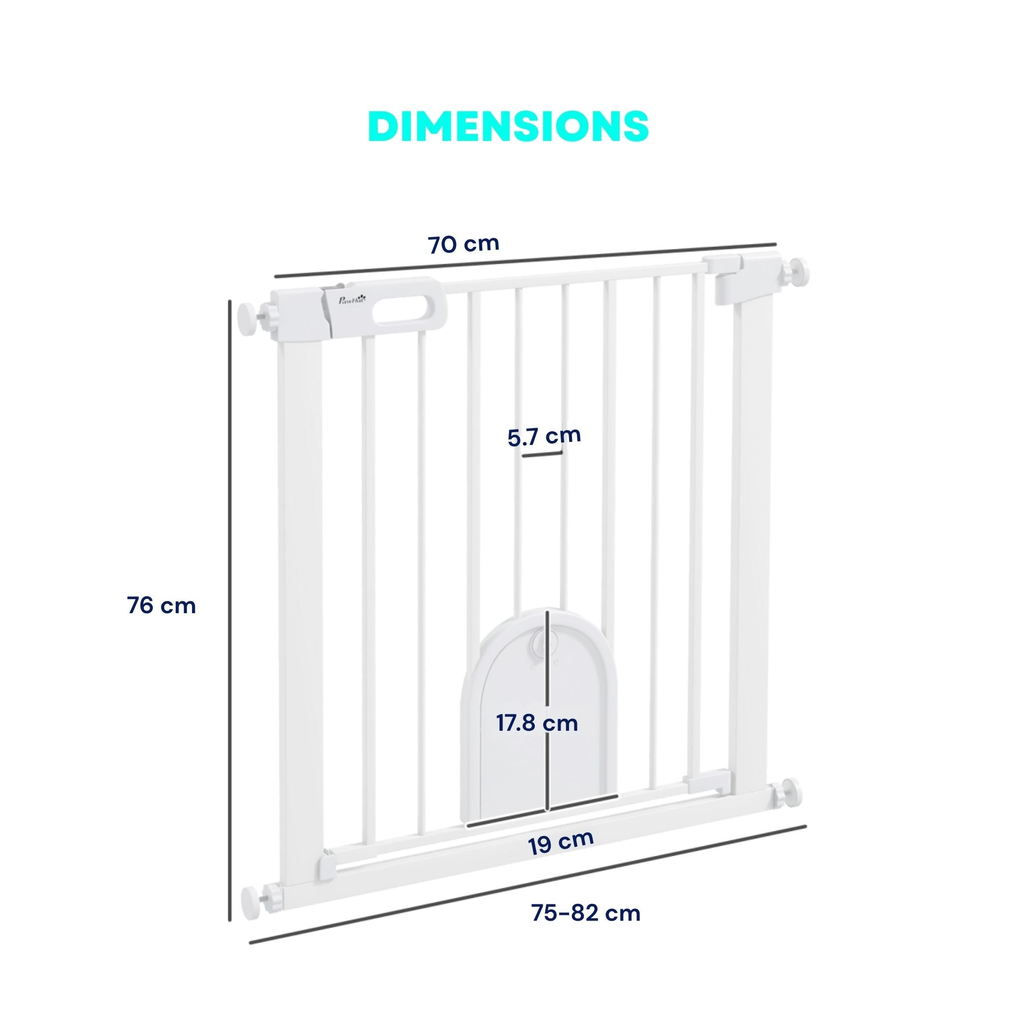 Dimensions for narrow white metal pet gate with cat door