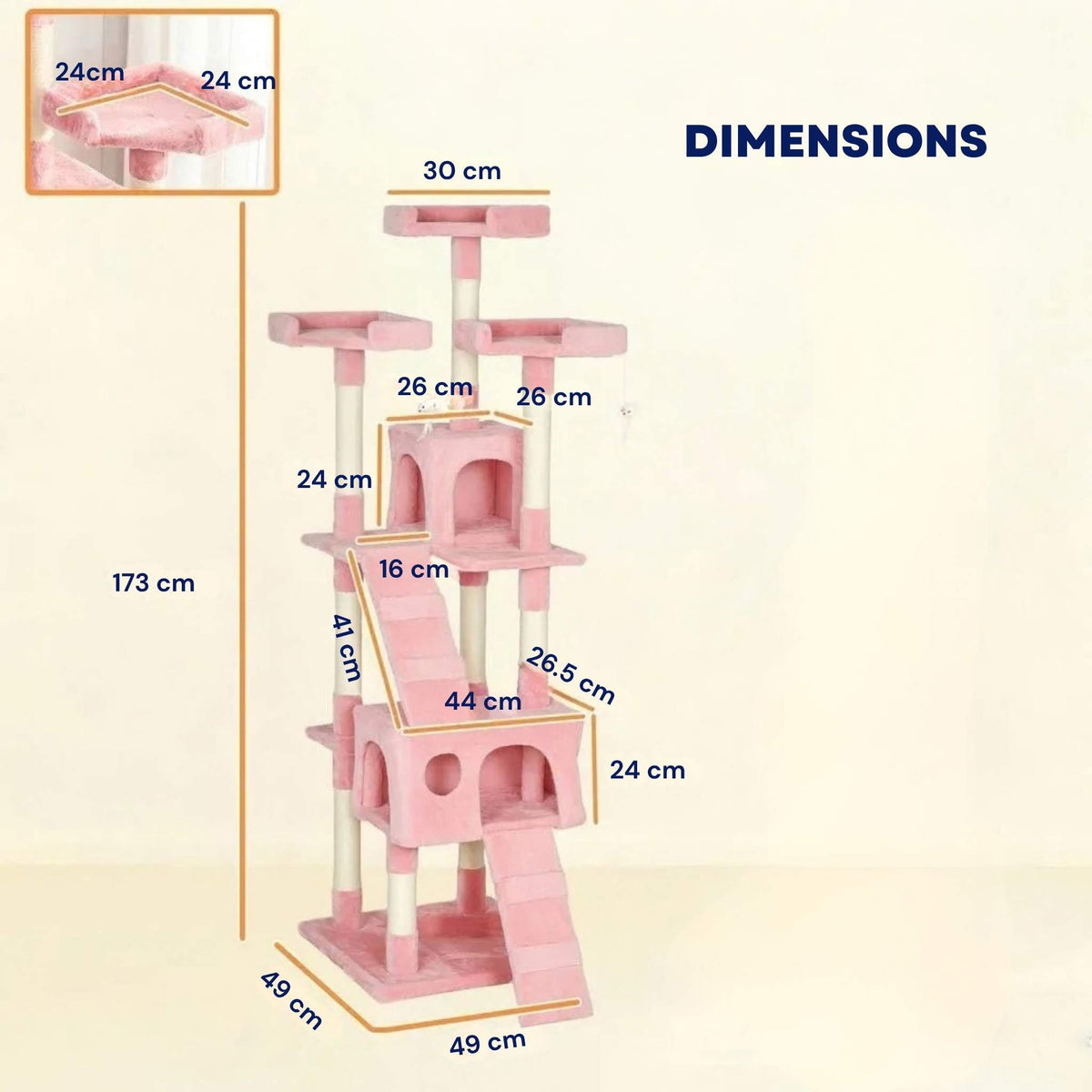 Dimensions for pink cat tree 173cm tall with sisal rope
