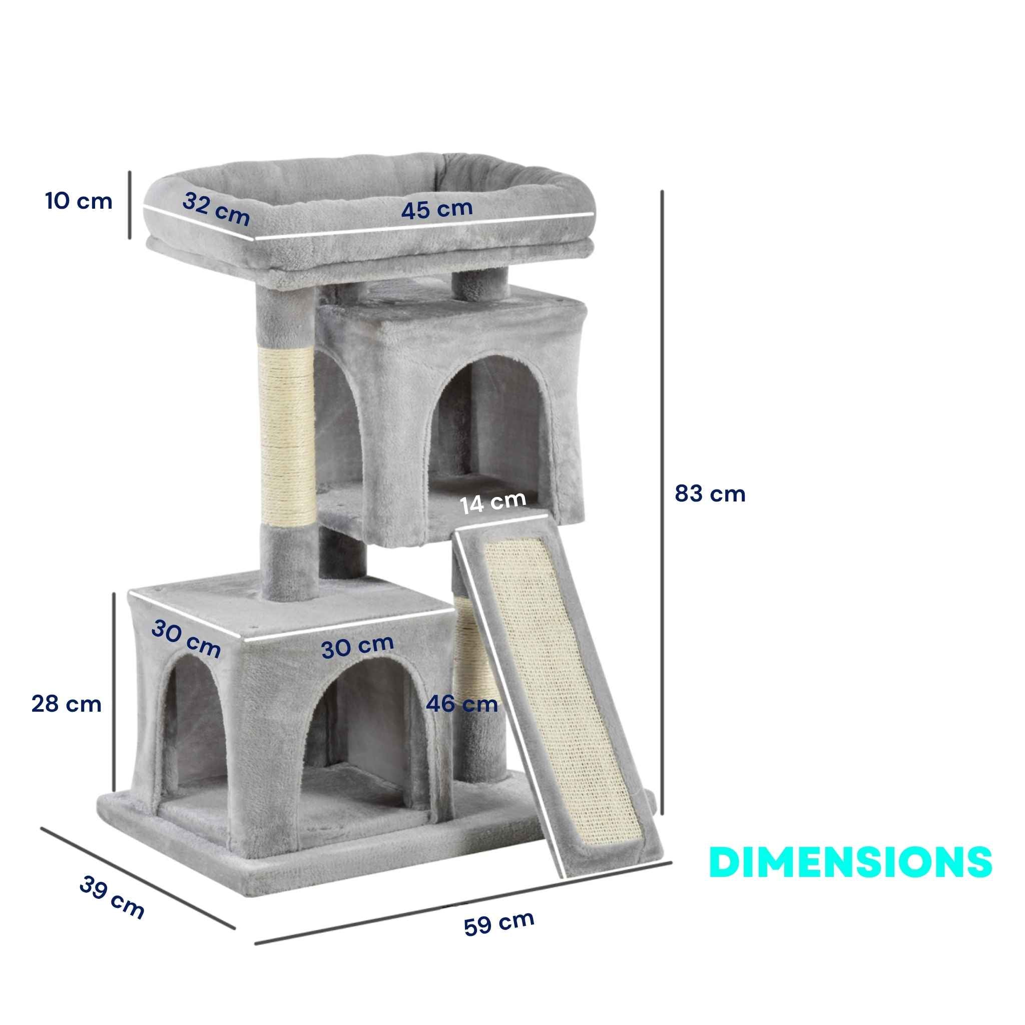 Dimensions for plush grey fabric cat tree with sisal rope and two houses