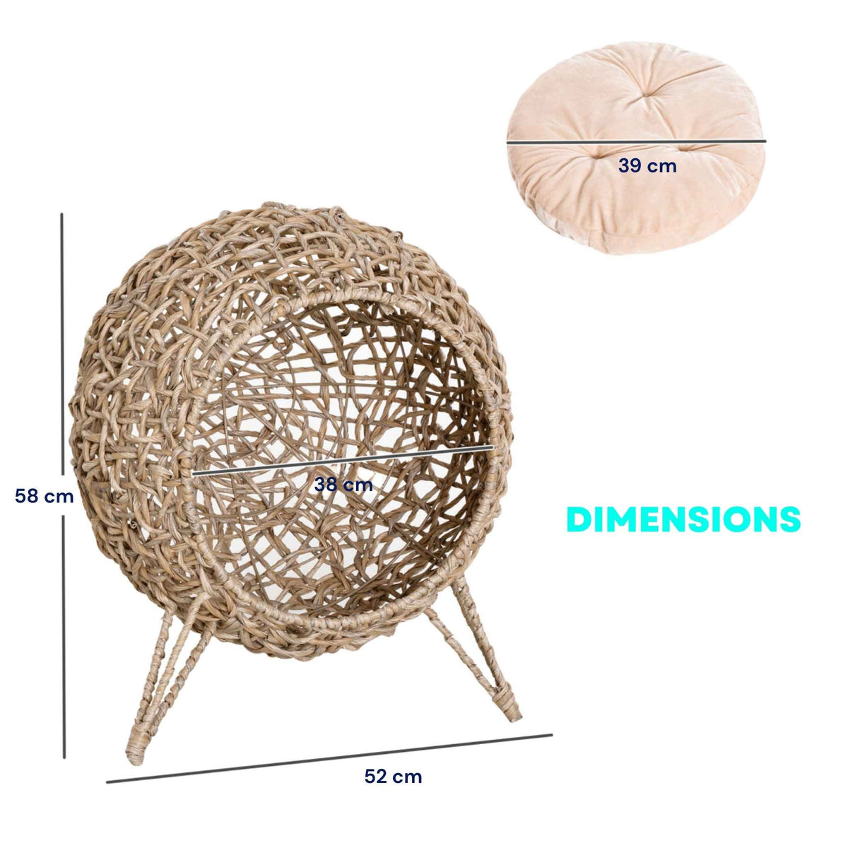 Dimensions for raised beige wicker cat bed