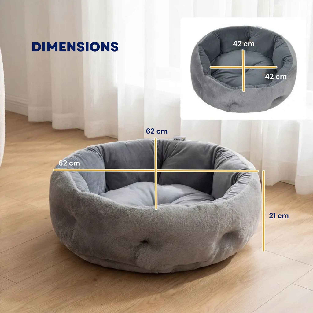 Dimensions for round plush grey fabric cat bed