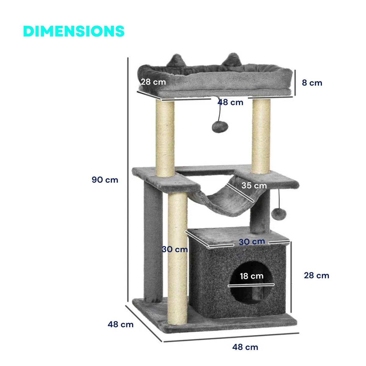 Dimensions for small 90cm tall grey cat tree