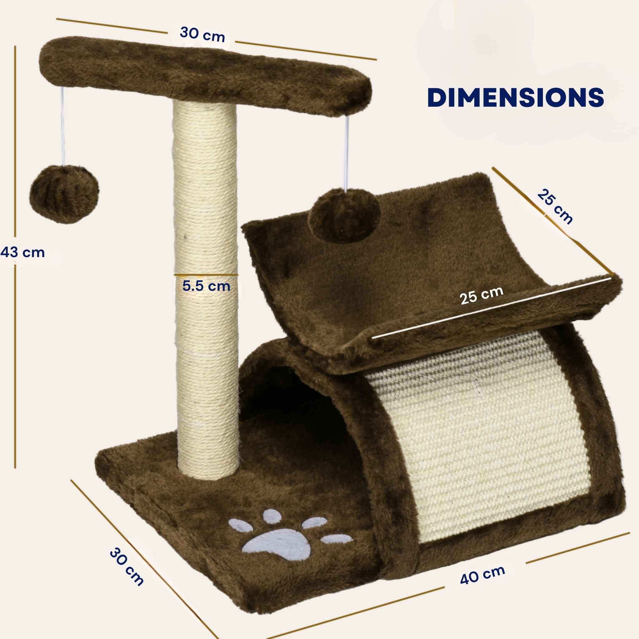 Dimensions for small brown cat tree with sisal rope post