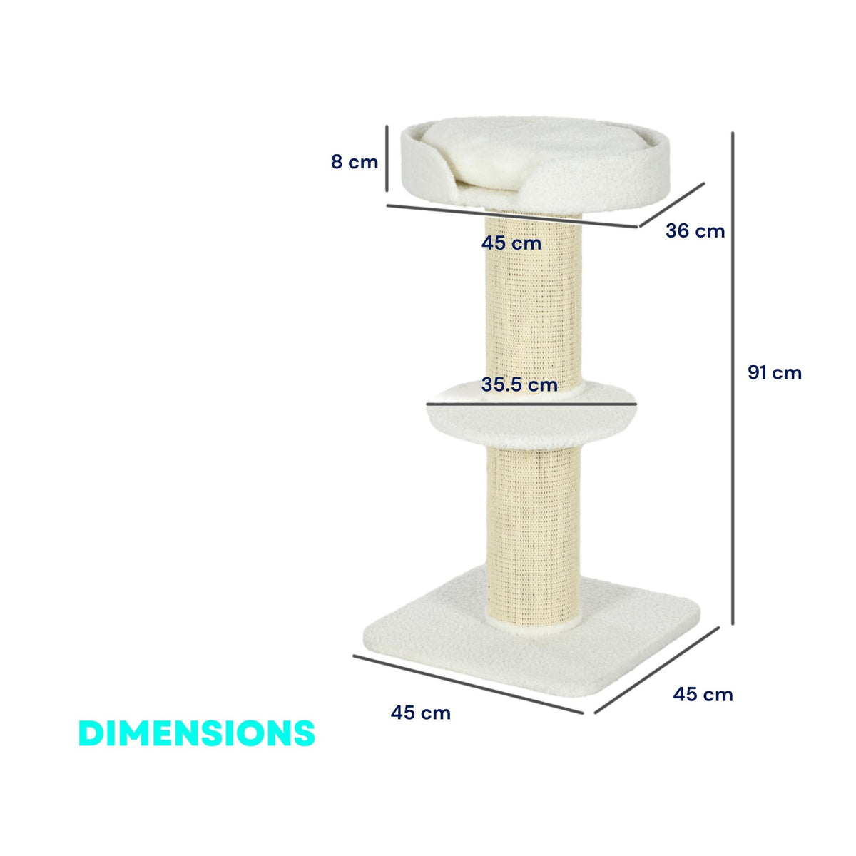 Dimensions for small cream cat tree 91cm tall